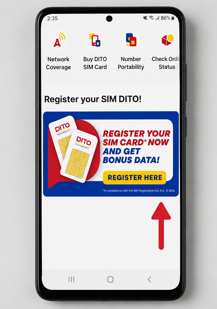DITO app registration banner on Android